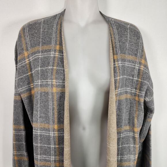 LOFT Outlet Cardigan Sweater Gray Tan Plaid Open Front Academia Preppy Size LP - Picture 4 of 11